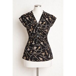 White House Black Market Key Tassel Print Ruched Surplice Top Black Gold Medium